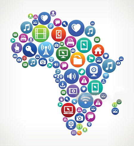 Africa Technology Internet and Web Media Icon Pattern. This 100% vector composition features round technology, internet web and communication media buttons. Each button displays an icon with various internet themes. The buttons are colorful and are displayed on white background.